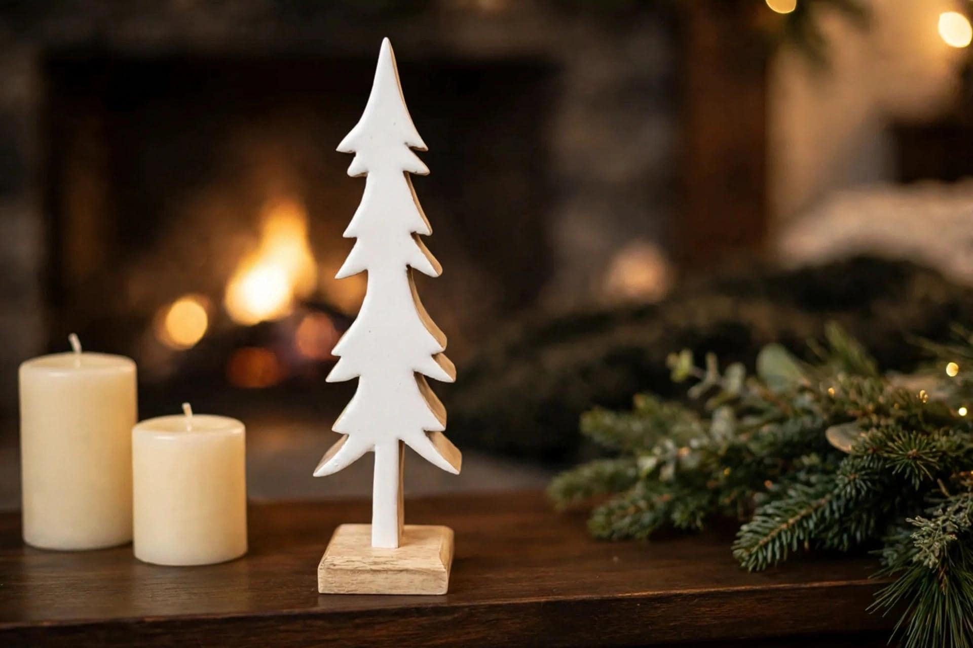 Wooden Tree on Base White Enamel Small 10 Inch | Glossy White Wooden Pine Tree Tabletop Decor | Christmas Shelf Sitter