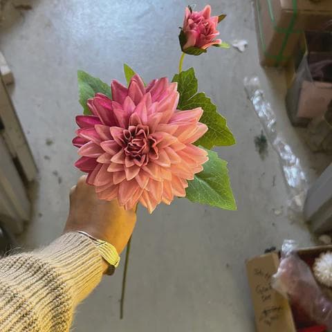 Hot Pink Dahlia Spray, 1 Bloom and 1 Bud, Artificial Silk Flower Stem, Vibrant Faux Dahlia for Wedding Bouquets & Home Decor