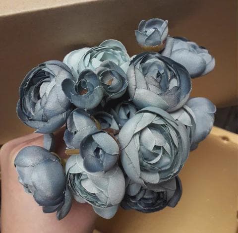 Dusty blue 6xMini Silk flower Ranunculus bunch artificial wedding decor