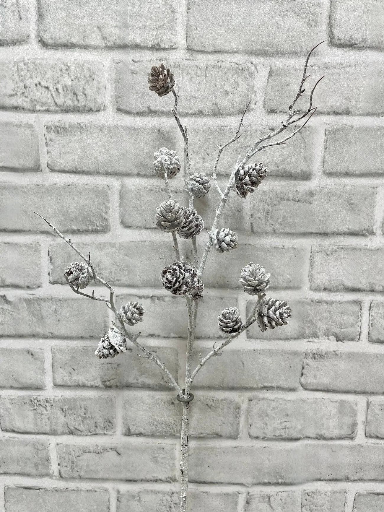 30" Snowy Pine Cone Spray, Faux Frosted Christmas Branch, Artificial Winter Pinecone Stem for Tall Holiday Vases & Garlands