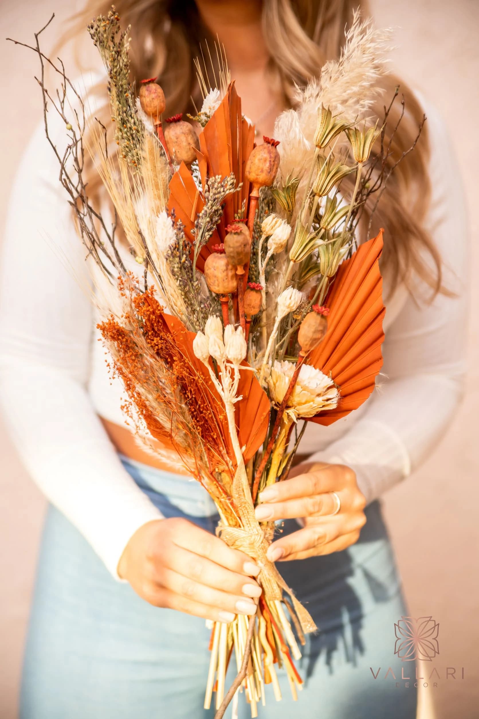 Dried Poppy Orange and Moss Green Floral Bouquet/25"/Palm Spades/Reed/Dried Pampas/Pampas Bouquet Decor/Boho Pampas/Boho Bouquet/Bunny tail/