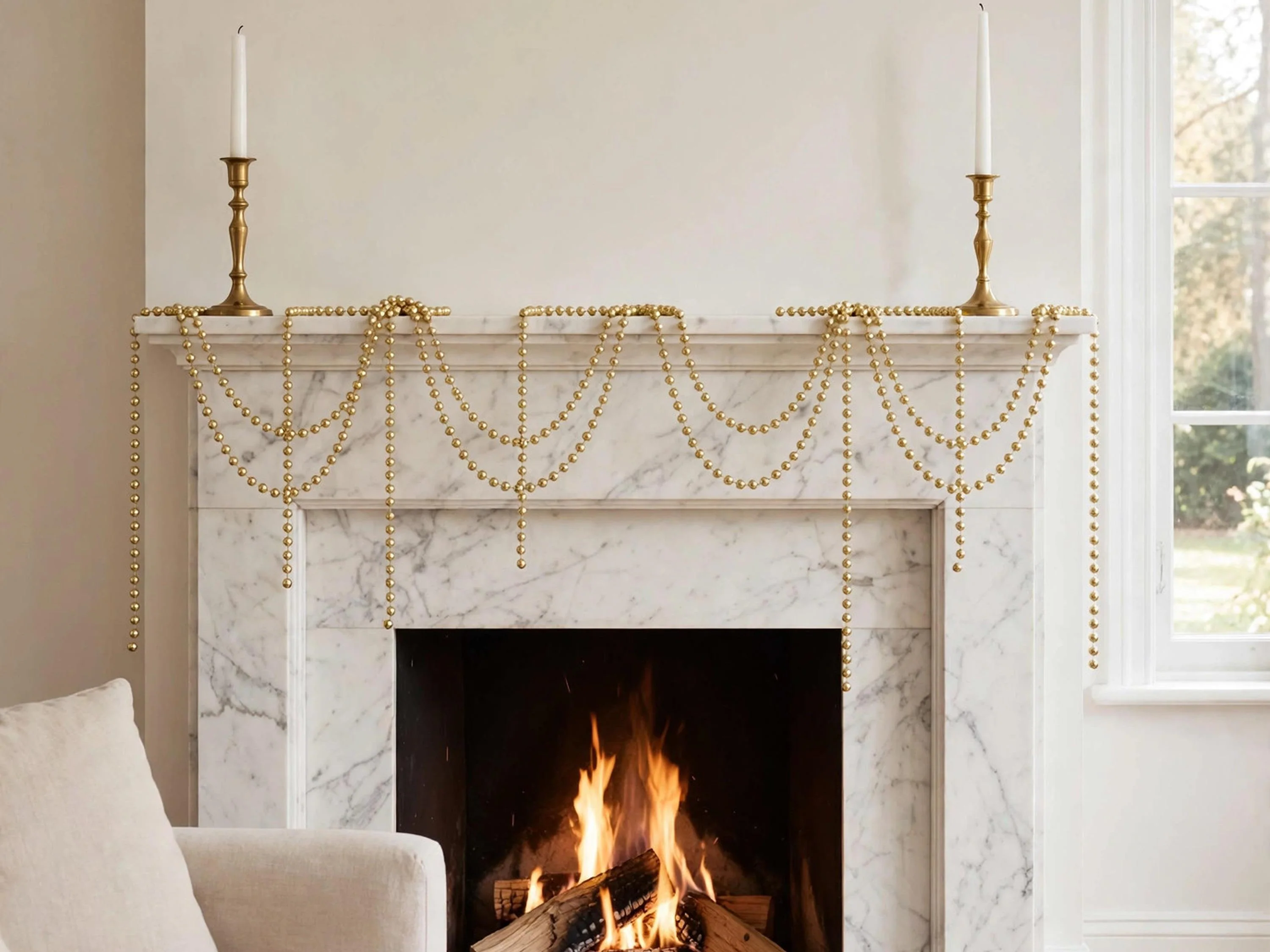 15 ft Gold Bead Garland, 7mm Metallic Gold Beads, Christmas Tree Garland, Mantel Doorway Table Holiday Decor
