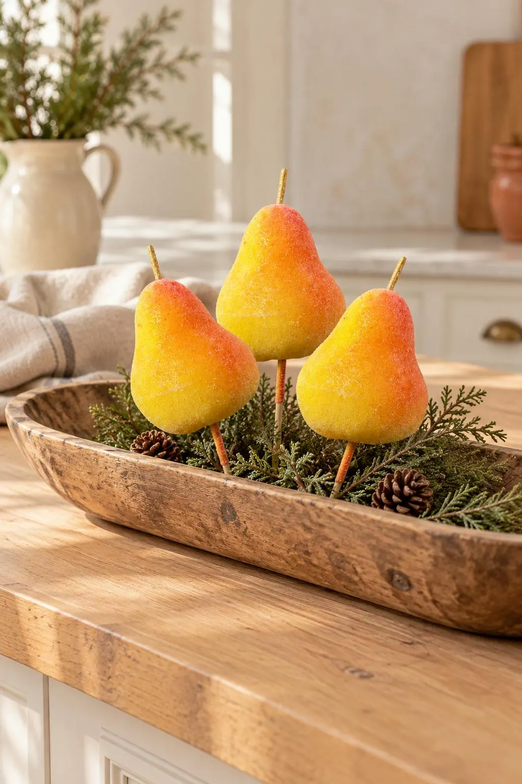 Sugared Pear Picks 4 Inch Set of 3 | Faux Fruit Stems for Fall Centerpieces | Harvest Table and Christmas Tree Decor