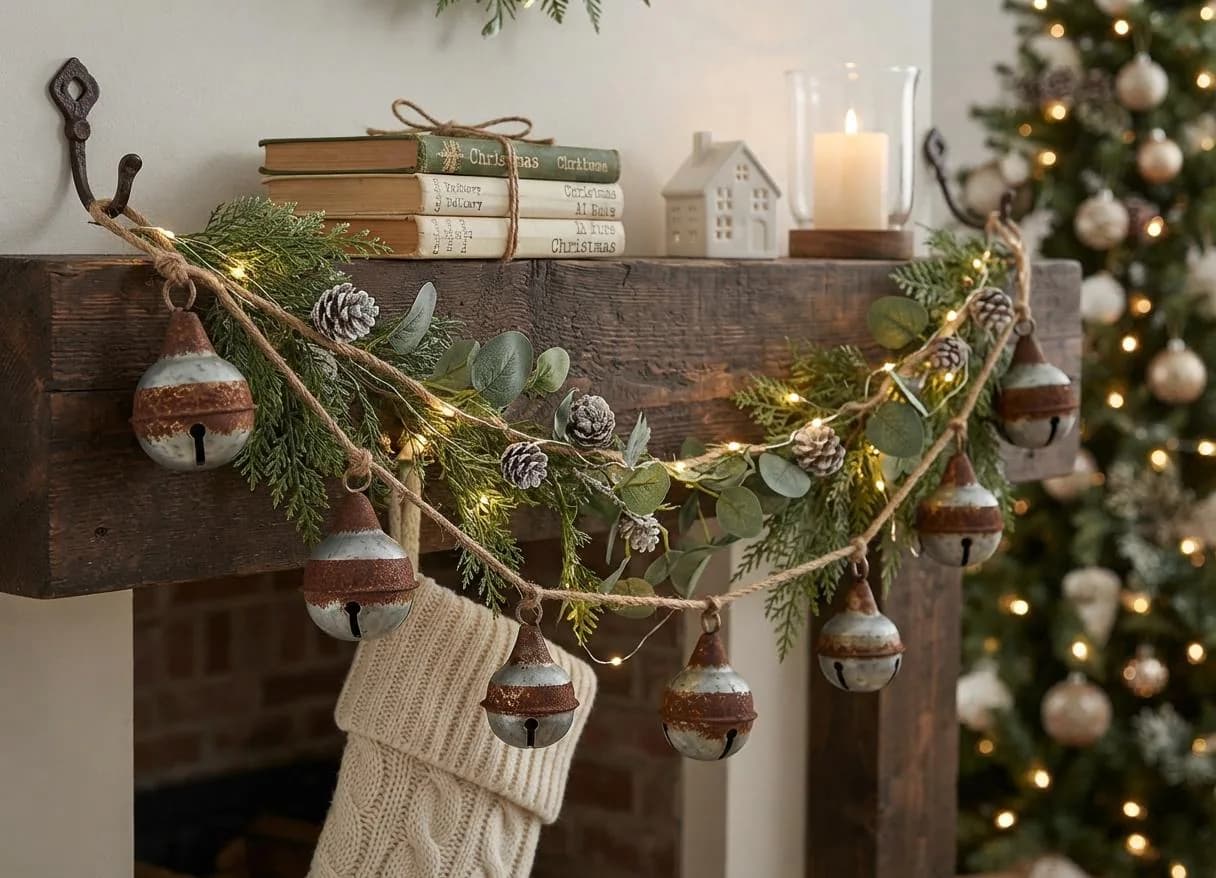 54" Antique Galvanized Rust Jingle Bell Garland, Rustic Christmas Tree Decor, Farmhouse Primitive Bells, Holiday Mantel & Staircase Accent