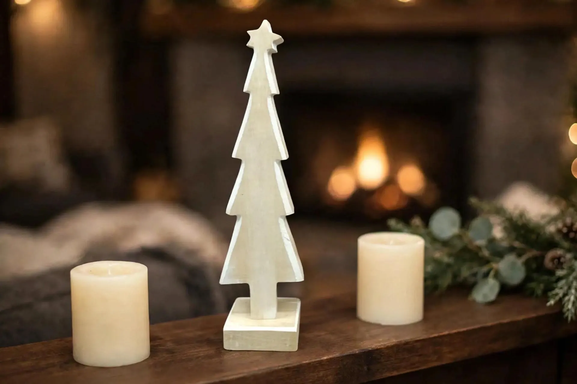 Wooden Tree on Base White Wash Small 12.4 Inch | Carved Wood Christmas Tree Tabletop Decor | Rustic Holiday Figurine