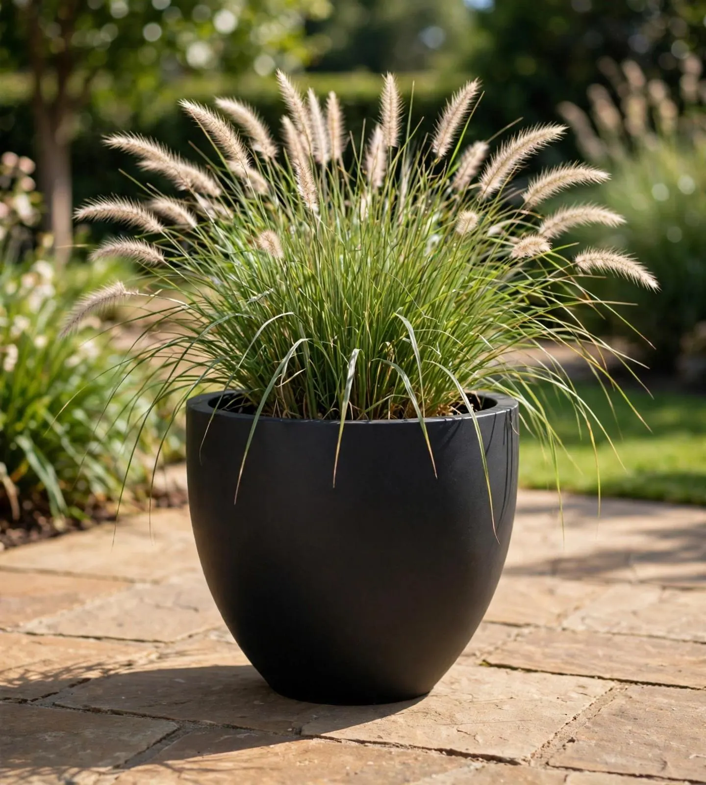 Fiberstone Round Pot Black 16x16 Inch | Smooth Egg Planter | Garden Pot