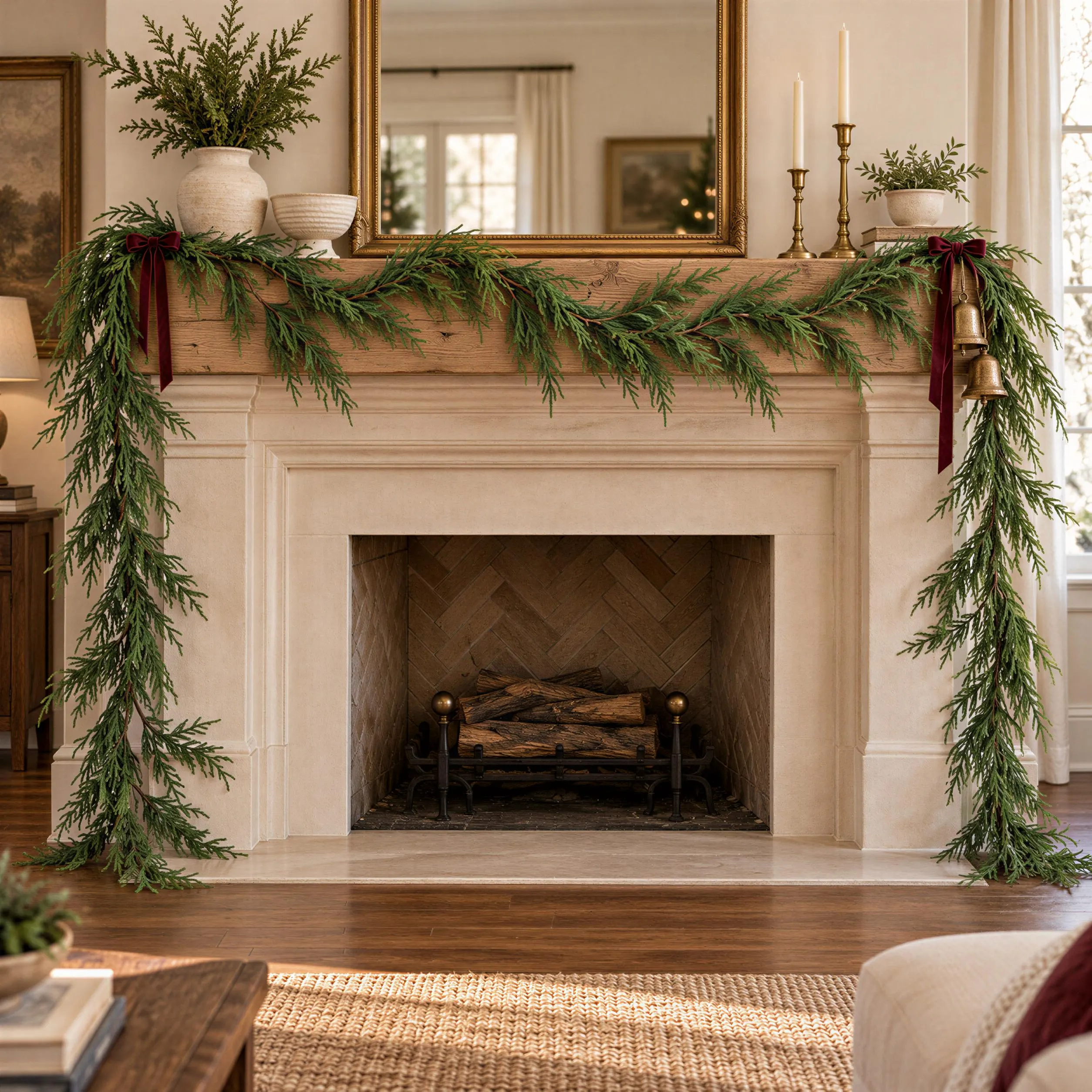 15 Foot Fresh Touch Norfolk Pine Garland, Green Christmas Mantel and Staircase Decor, Long Artificial Holiday Greenery