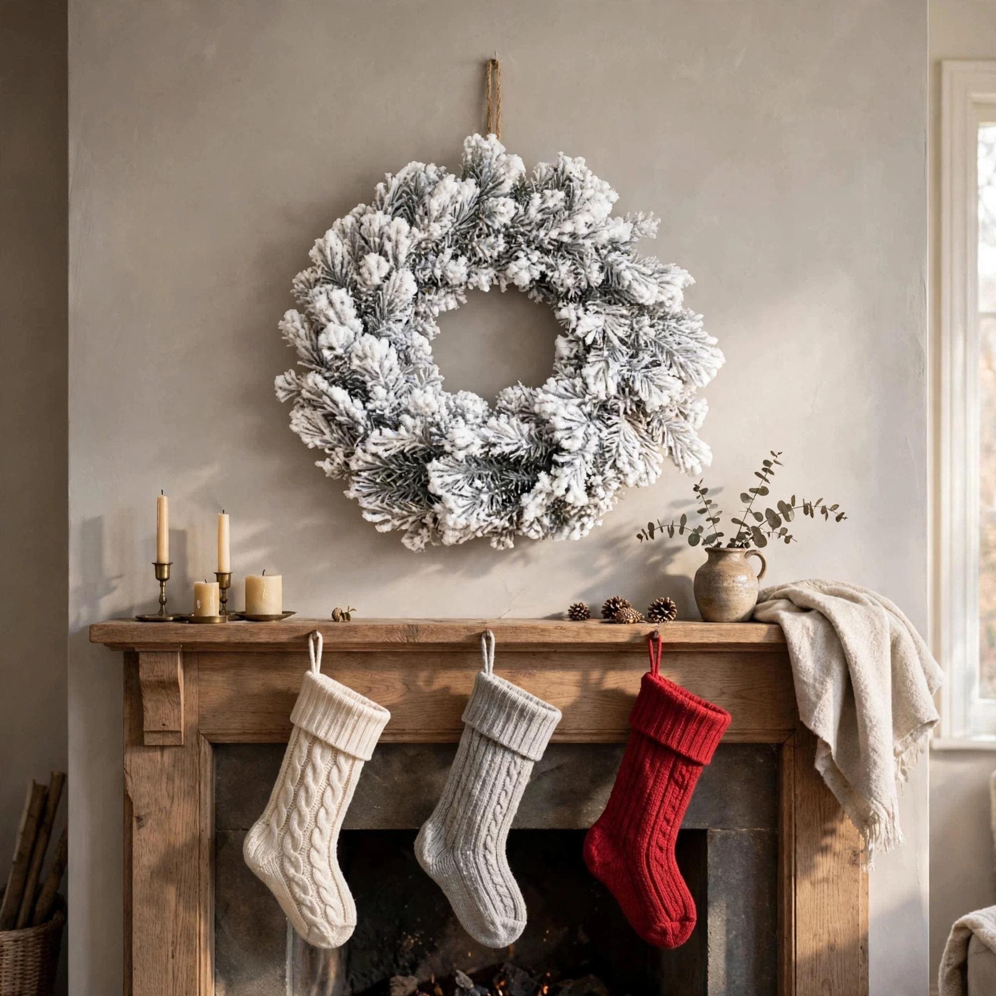 20 Inch Snow Flocked Pine Christmas Wreath, Winter Holiday Wreath for Front Door Decor
