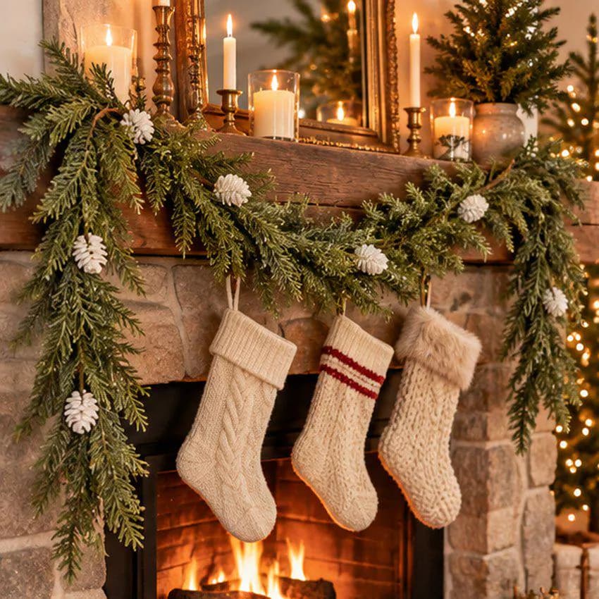 4 Foot Green Glitter Pine Christmas Garland with White Pine Cones, Festive Holiday Mantel Decor