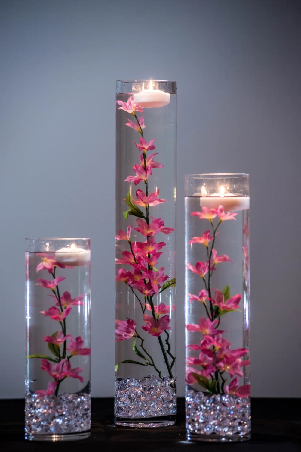 Submersible Pink/Light Pink/Red Yellow Star Flower  Floral Wedding Centerpiece with Floating Candles and Acrylic Crystals Kit