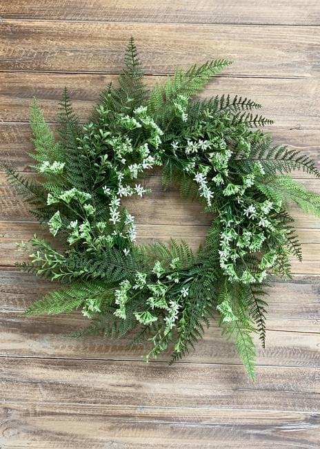 24" White Lace Fern Wreath With Flowers/Green Artificial Wreath/Green Wreath/Natural Looking Wreath/Outdoor Wreath/Green Outdoor Wreath
