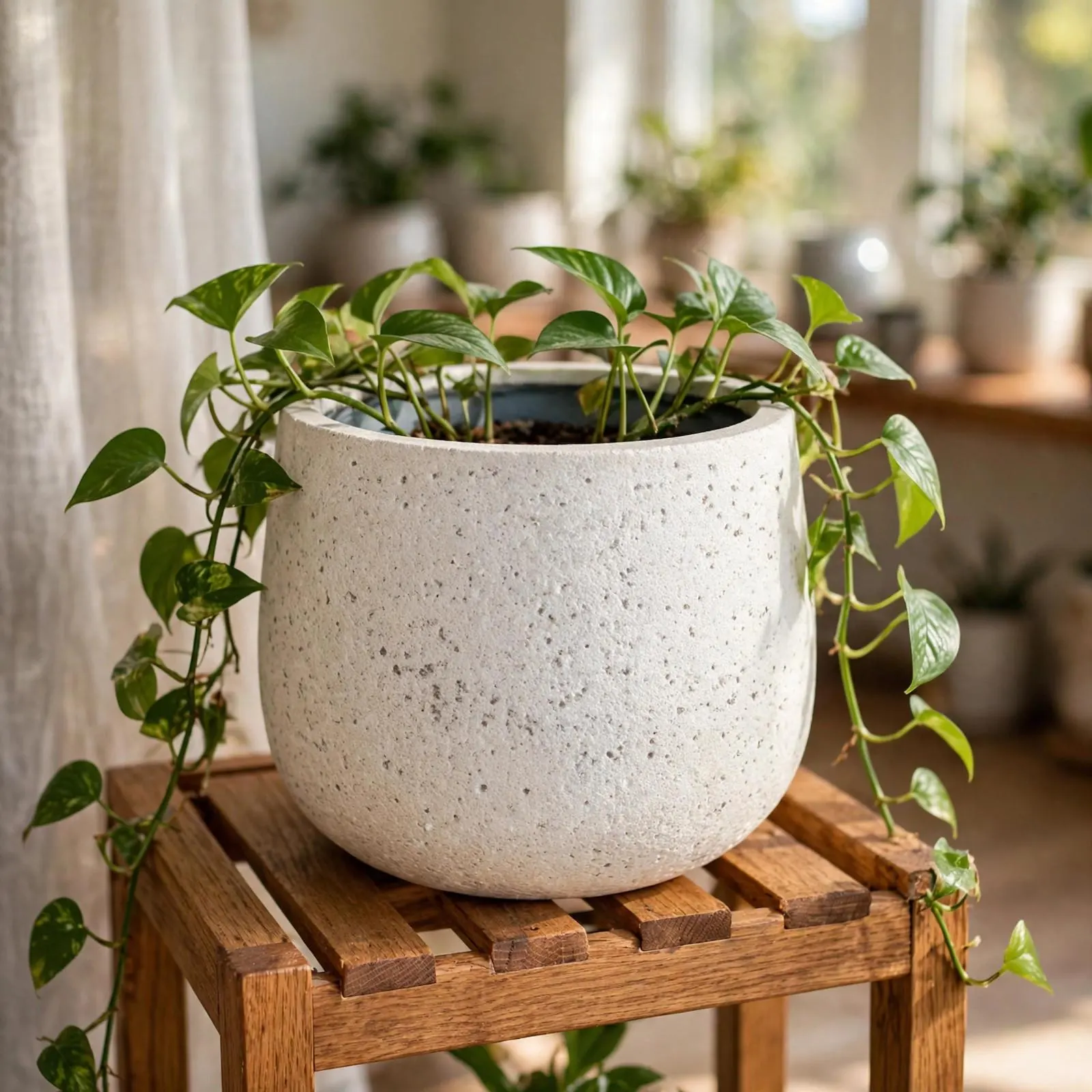 Round Ficonstone Pot Ivory 11.4x10.2 Inch | Smooth Stone-Look Planter Blue-Grey Interior | Garden Pot