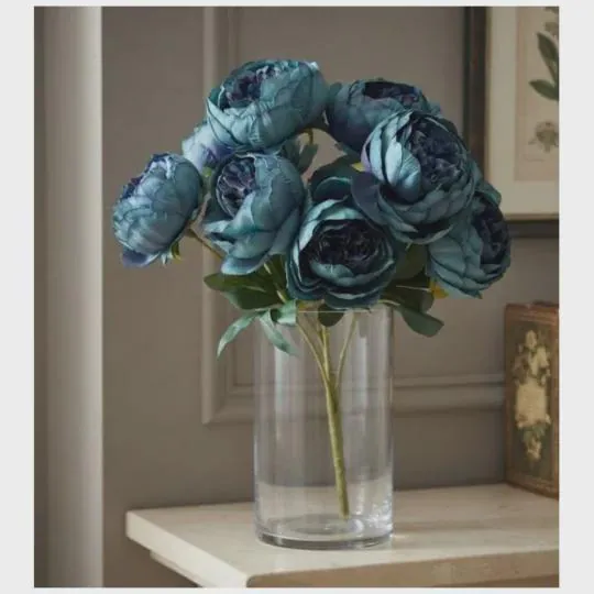17" Blue Peony Bush X7 – Faux Blue Peony Flower Bouquet, 7 Head Artificial Peony Stem for Dust Blue Wedding & Spring Home Decor