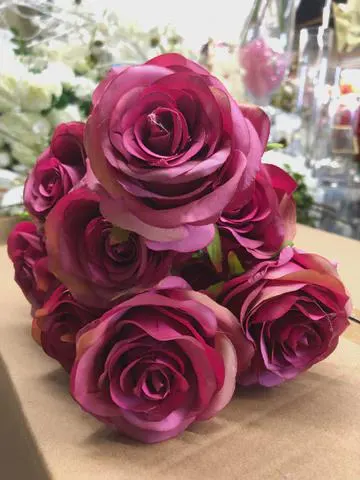 18" 10-Head Hot Pink Rose Bush, Vibrant Magenta Silk Roses, Puffy Rose Stems, Fuchsia Floral,Summer Wedding Decor, Botanical Rose Bundle