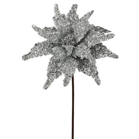 22" Silver Sequin Glitter Poinsettia/Holiday Decor/Christmas Decorations/Poinsettia Picks/Poinsettia Flowers/Poinsettia Plants