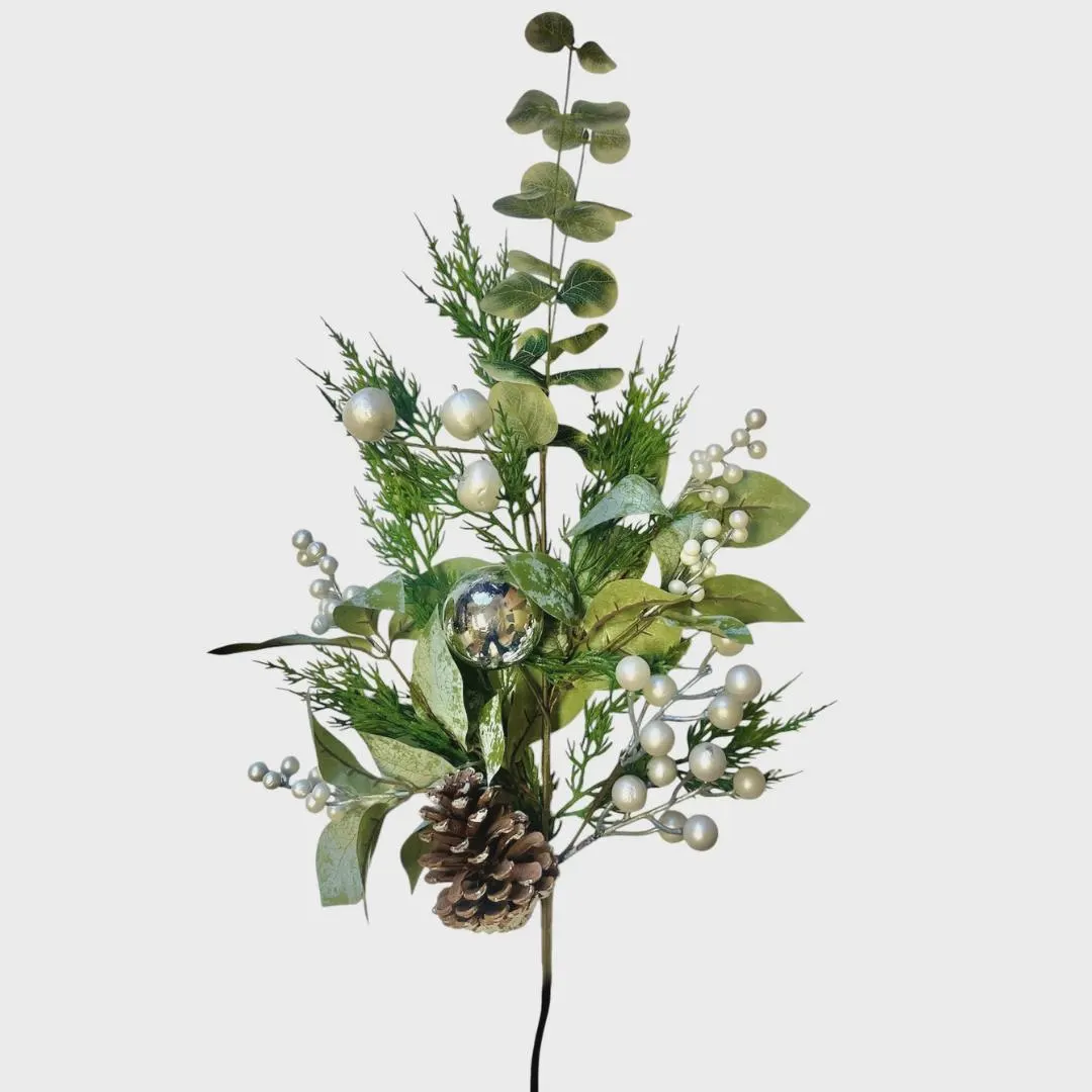 32" White Berry Branch/ Festive Floral Pick/Christmas/Winter Decor/White Frosted/Evergreen Branch/Holiday Season/Faux Branch