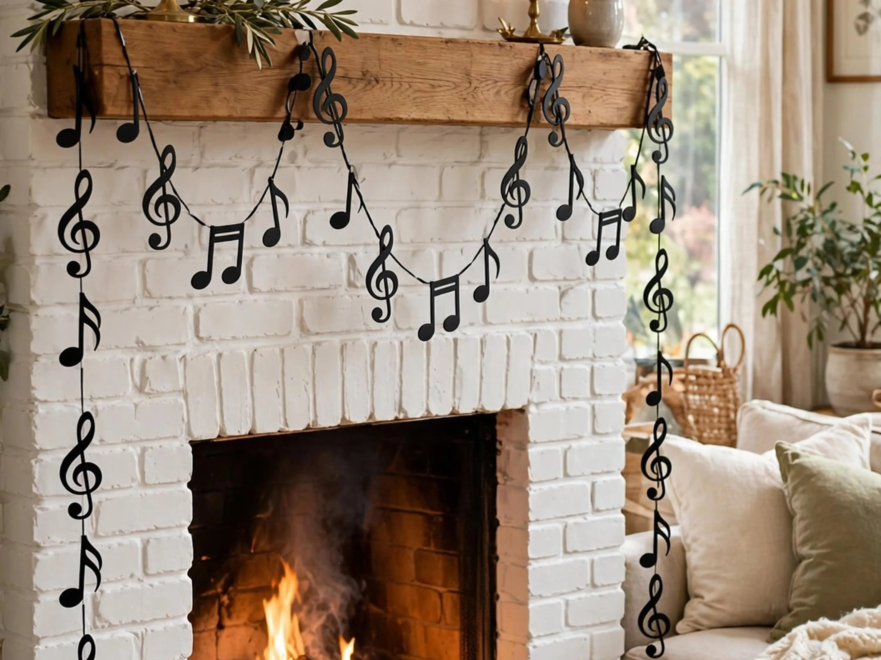 25 Ft Musical Note Christmas Garland, Black Music Note Holiday Garland, Music Lover Tree Mantel Decor