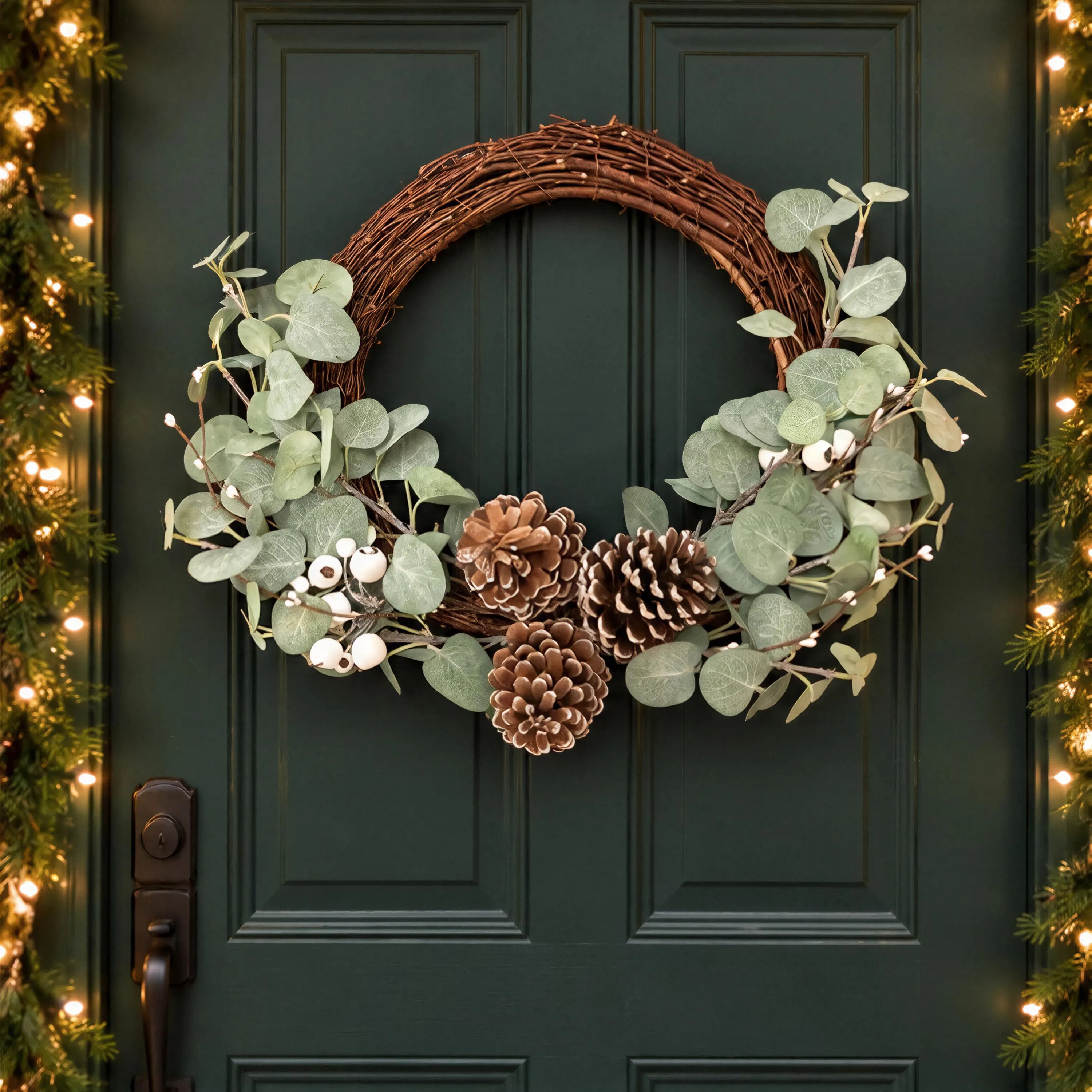 18 Inch Eucalyptus Christmas Wreath with White Berries and Pine Cones, Natural Holiday Door Decor