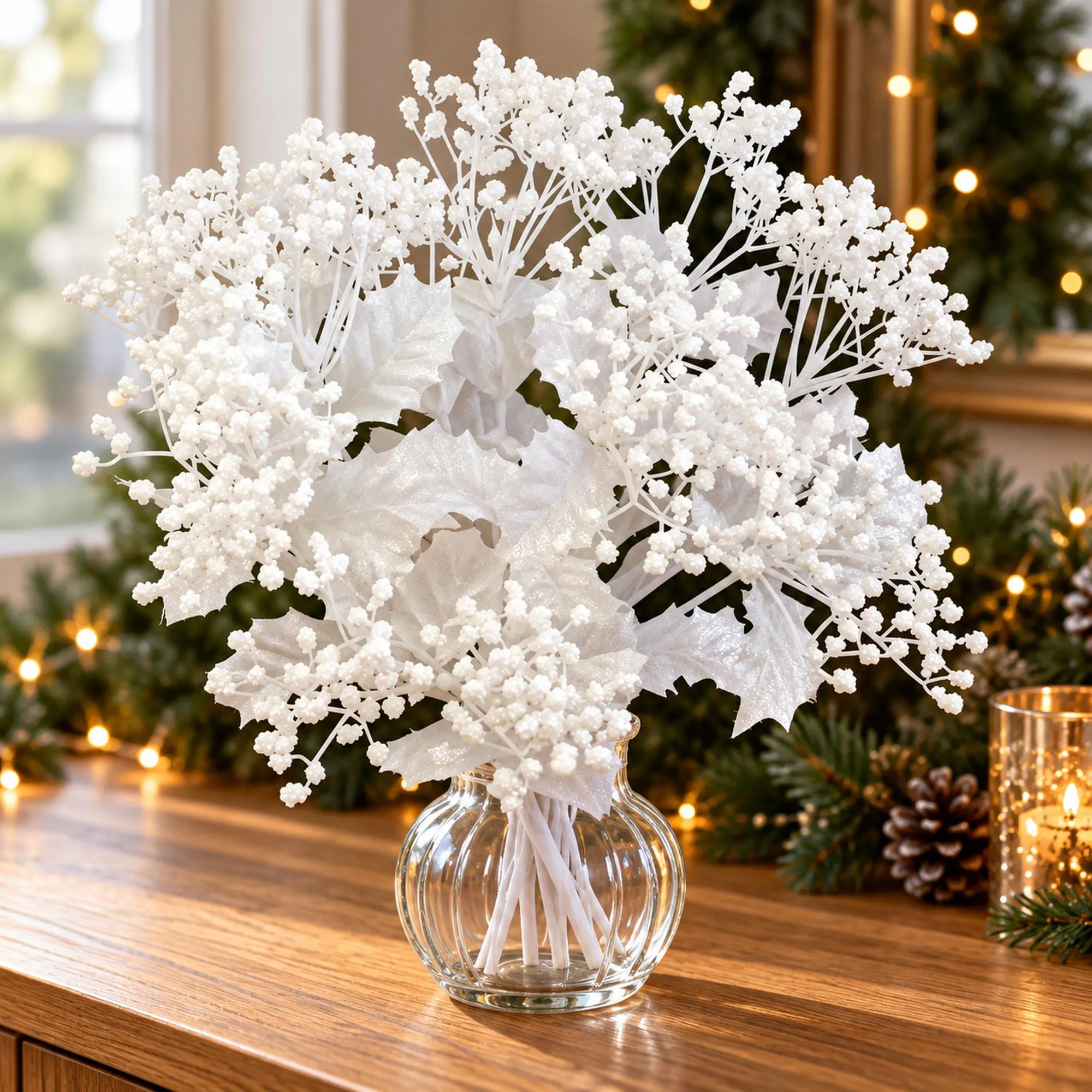 White Glitter Gypsophila And Holly Bush, 13 Inch Artificial Christmas Flower Arrangement Supply