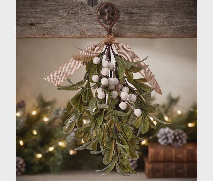 12" Mistletoe Bundle with Tie Green White,Faux Christmas Mistletoe Pick with White Berries,Holiday Door Hanging,Winter Wreath Craft Supplies