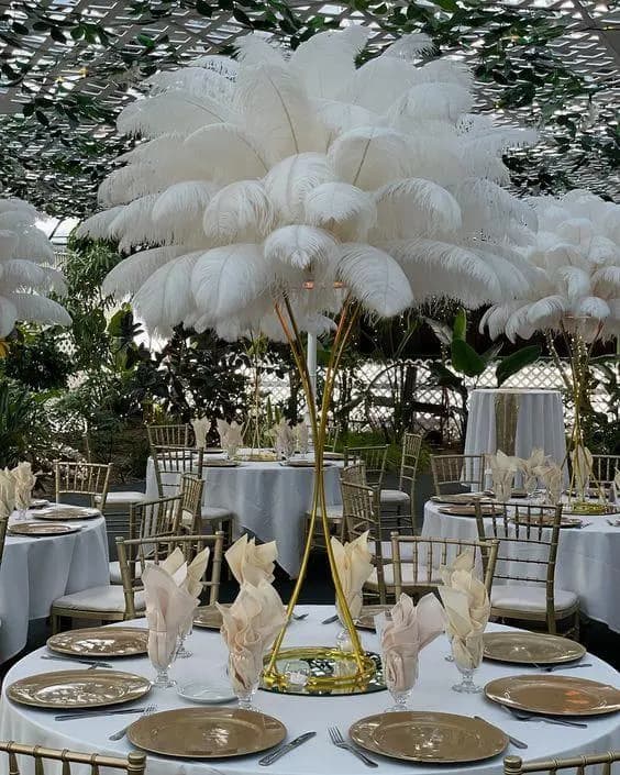 32" Gold  & Chrome Gold Metal Stand White Ostrich Feather Centerpiece With Beads | Wedding Table Decor | Luxury Reception Centerpiece
