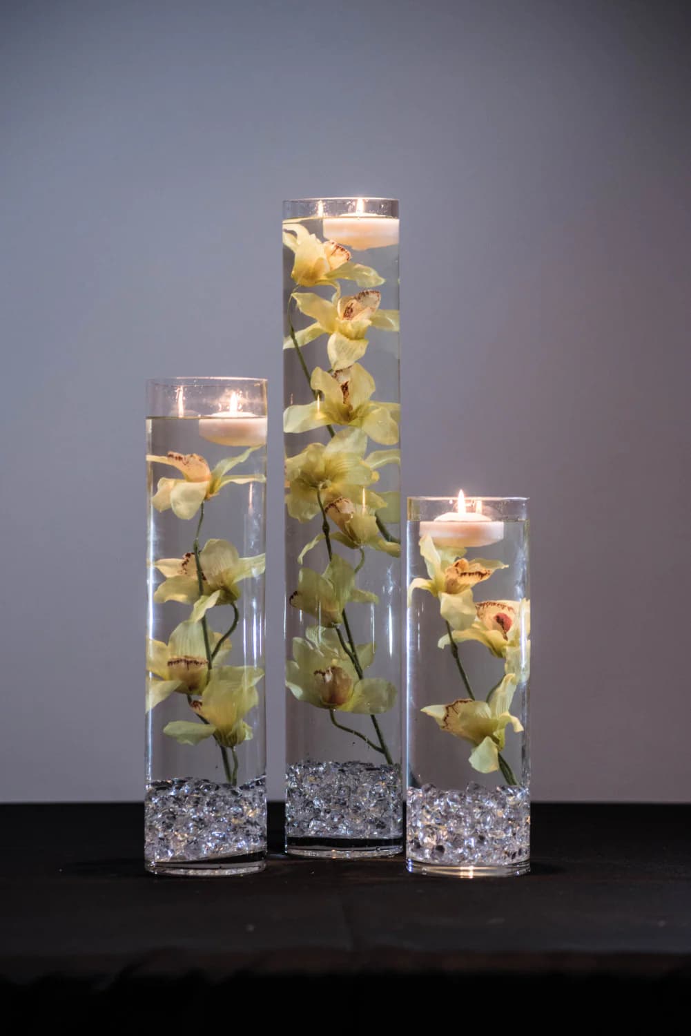 Submersible Green/Yellow Cymbid Orchid  Floral Wedding Centerpiece with Floating Candles and Acrylic Crystals Kit