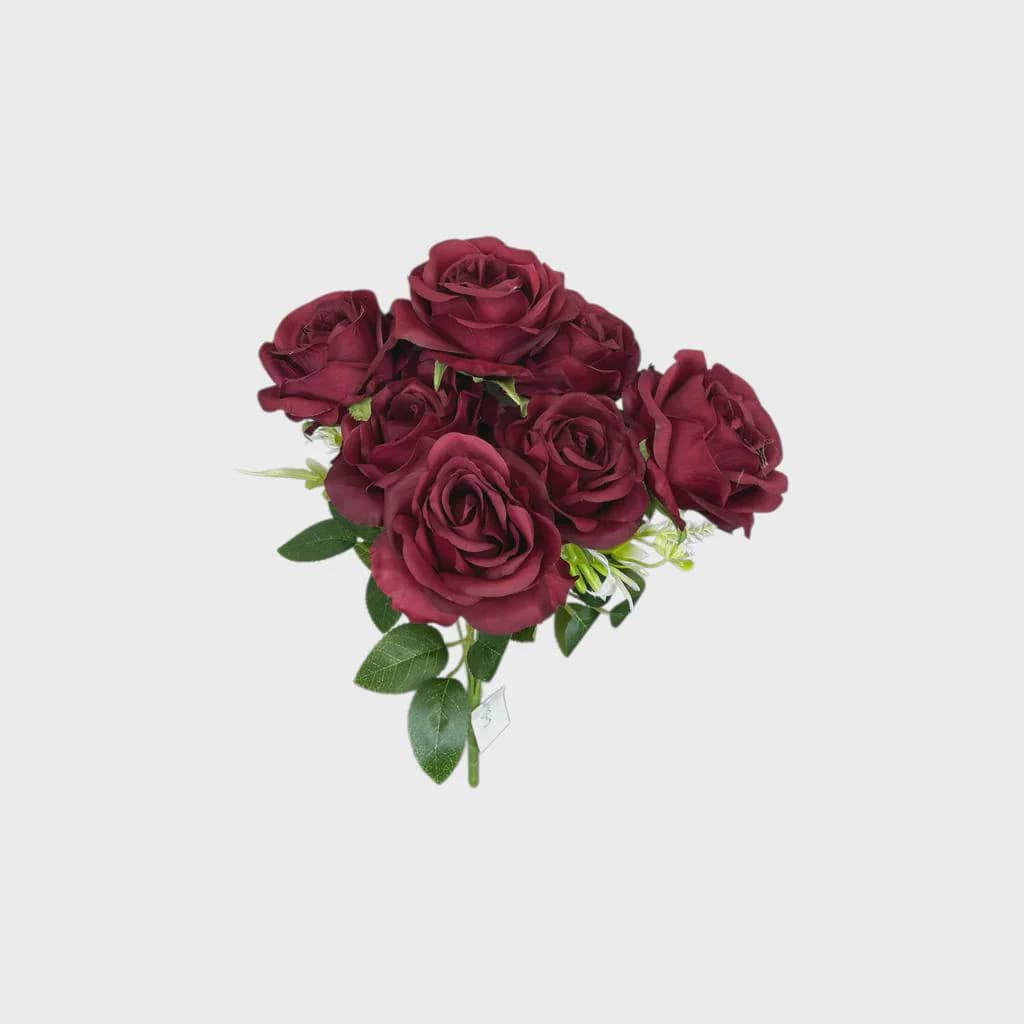 17" Artificial Burgundy Rose Bush/7 Silk Flower Heads/Deep Red Faux Roses for Home Decor/Wedding Centerpieces, and Floral Arrangement