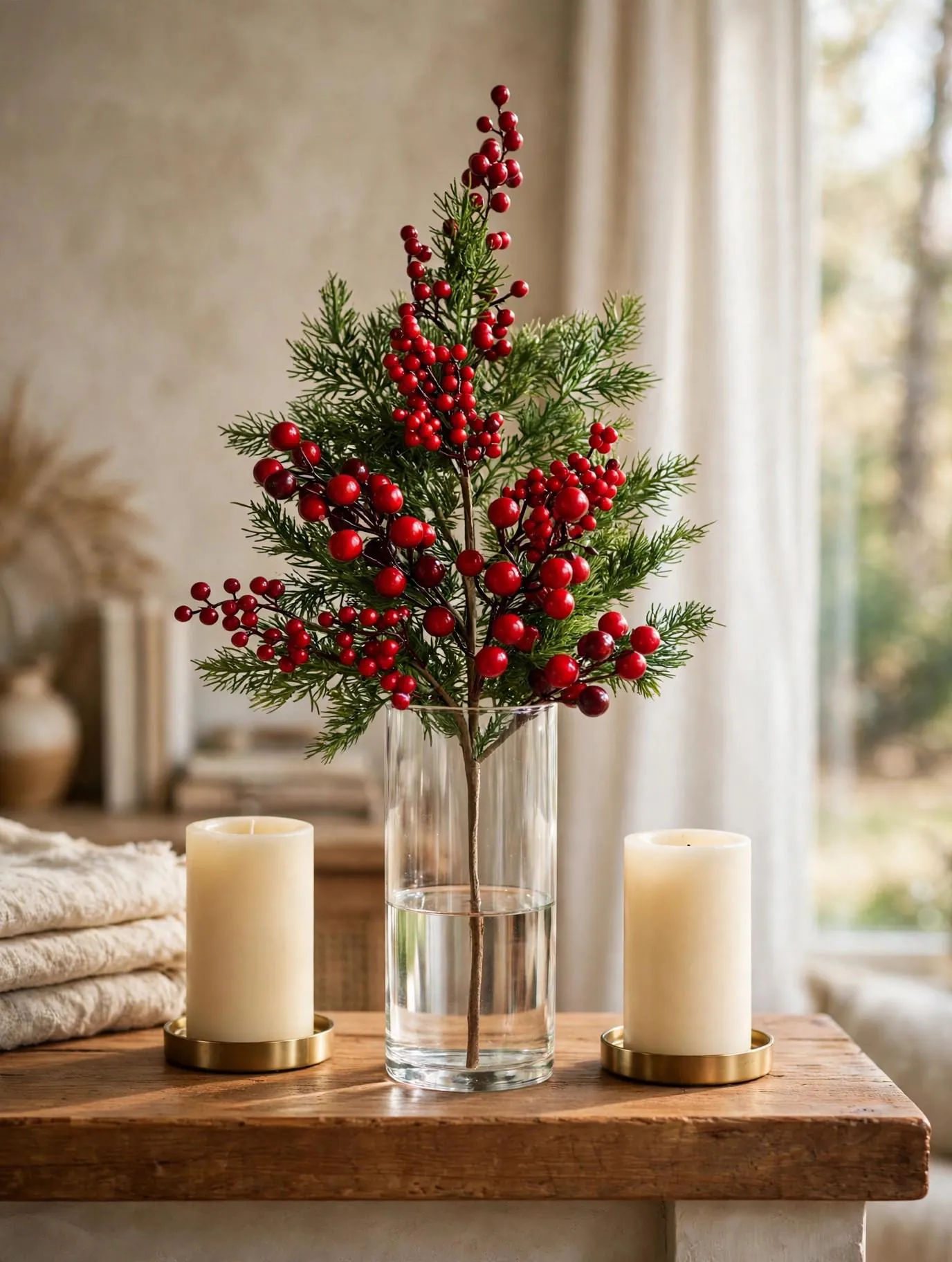 Red Berry and Cedar Pick 32 Inch | Large Christmas Berry Stem with Cedar Greenery | Wreath Garland and Vase Decor