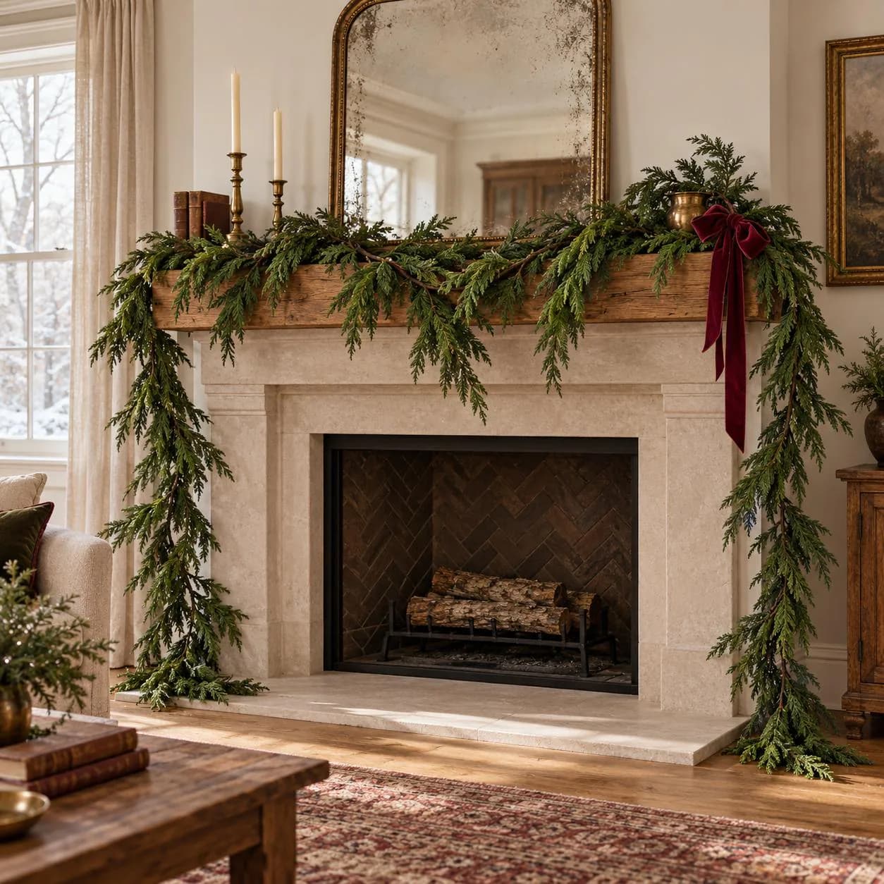 12 Foot Fresh Touch Norfolk Garland, Long Green Christmas Mantel and Staircase Decor with Trailing Foliage