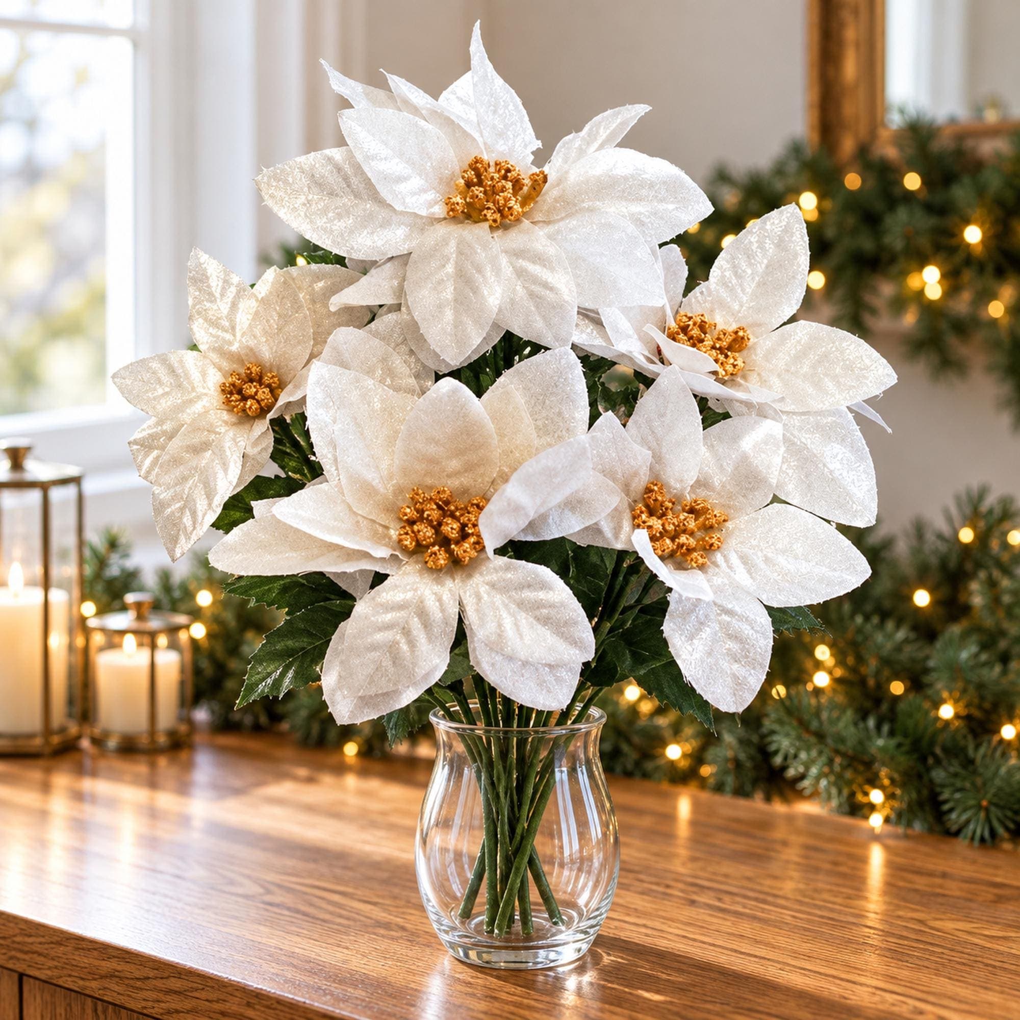 Silver Poinsettia Bush, 16 Inch Artificial Christmas Flower Arrangement Supply