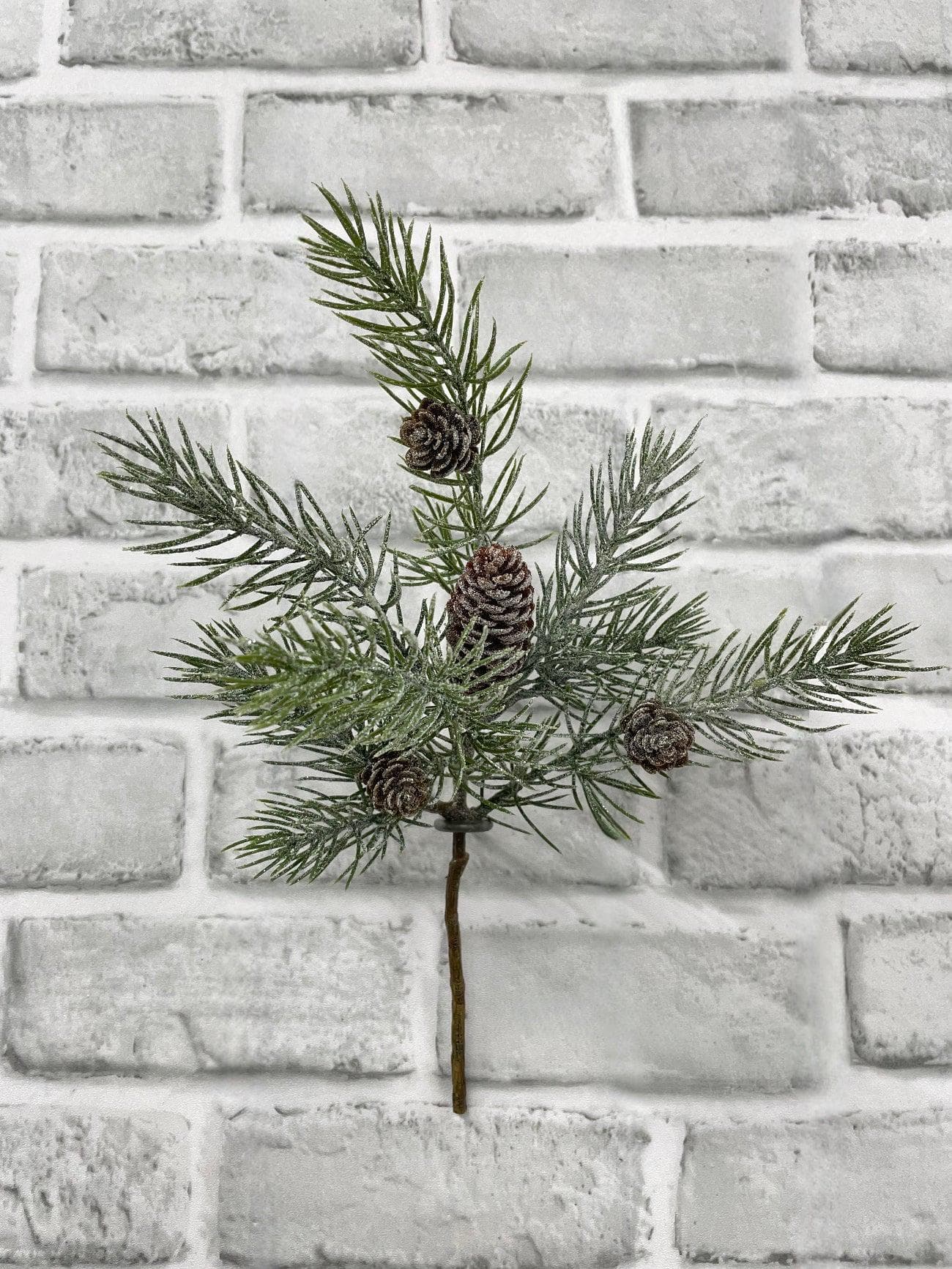 12" Glittered Pine Pick with Pine Cones, Faux Christmas Floral Pick, Artificial Sparkling Evergreen Stem, Metallic Winter Wreath Filler
