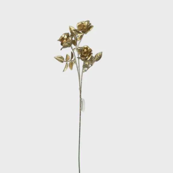 27" Gold Rose Spray | Artificial Metallic Rose Stem | Holiday Floral Pick | Christmas Wedding Decor | Glam Centerpiece | Faux Rose Stem