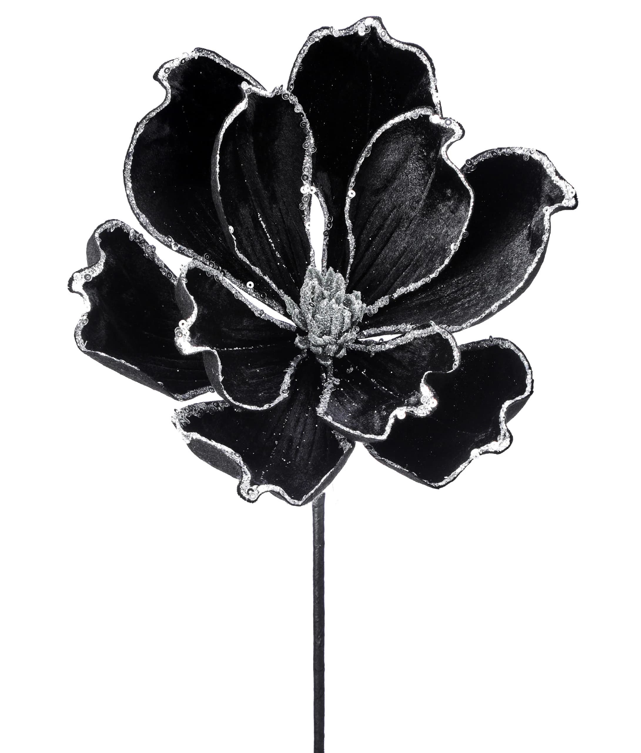 24" Black & Silver Sequin Edge Tip Velvet Magnolia/Holiday Decor/Christmas Decor/Poinsettia Picks/Poinsettia Flowers/Poinsettias/Wedding