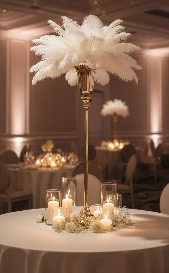 30" White feather Centerpiece With Gold Trumpet Stand/Gatsby Wedding Decor/Hollywood Regency Table Decor/Quinceanera & Gala Centerpiece