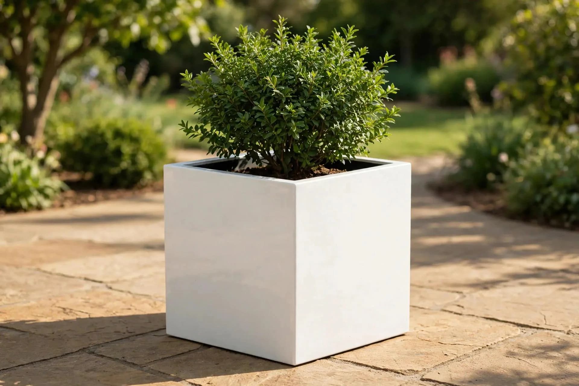 Polystone Square Pot White 16x16 Inch | Lacquered Cube Planter With Insert | Garden Pot