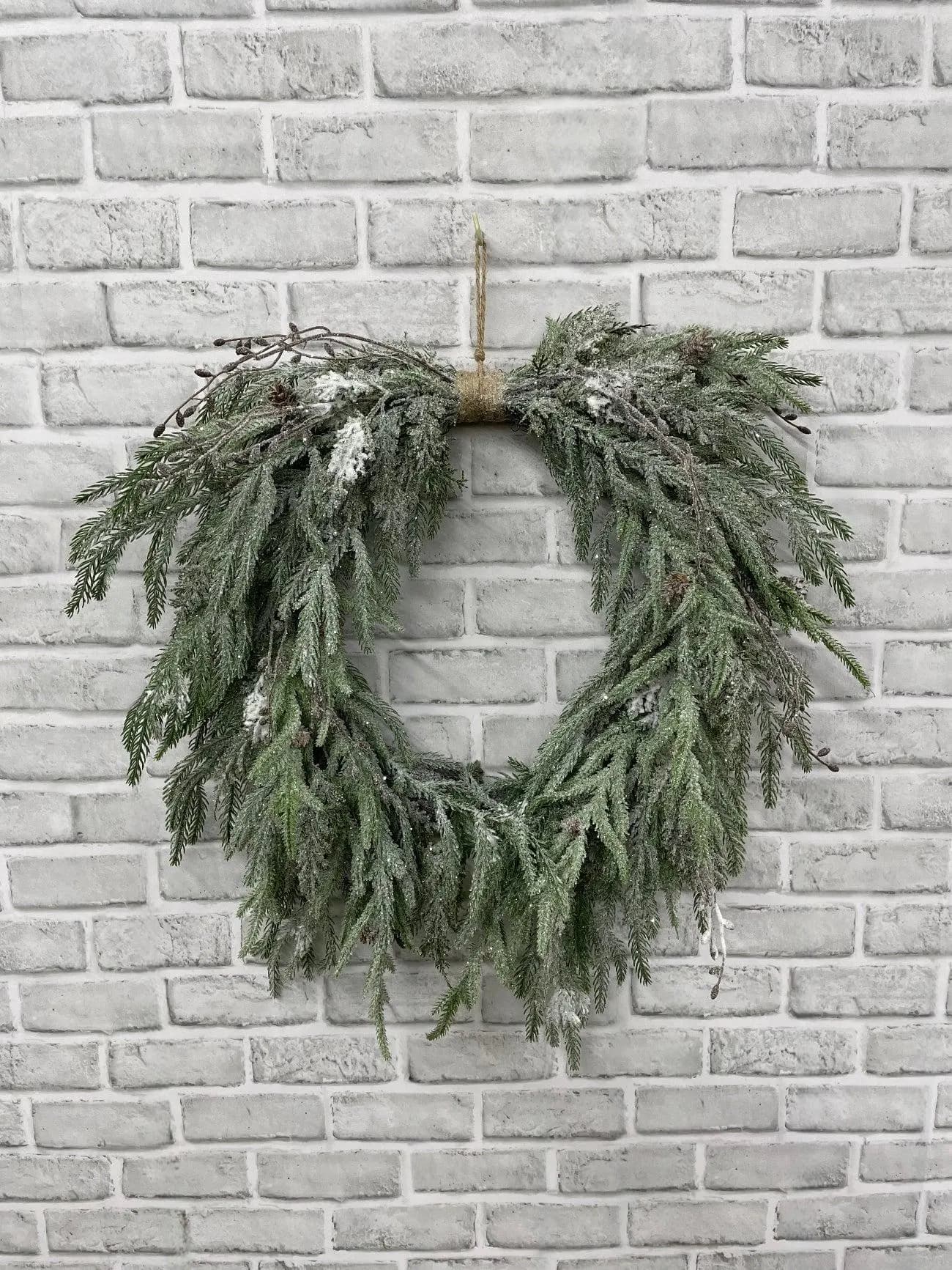 20" Fresh Touch Snowy Pine Heart Shape Wreath, Faux Flocked Winter Heart Wreath with Hanger, Holiday Door Hanging, Christmas Wedding Decor