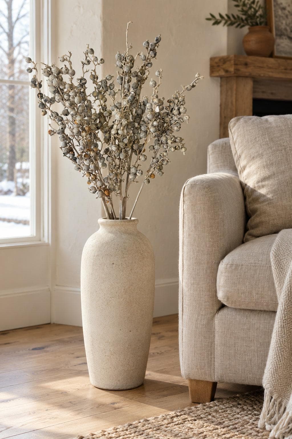 White Wash Dried Berry Stems 26 Inch Bundle of 8 to 10 | Frosted Winter Berry Branches | Rustic Vase and Wreath Filler