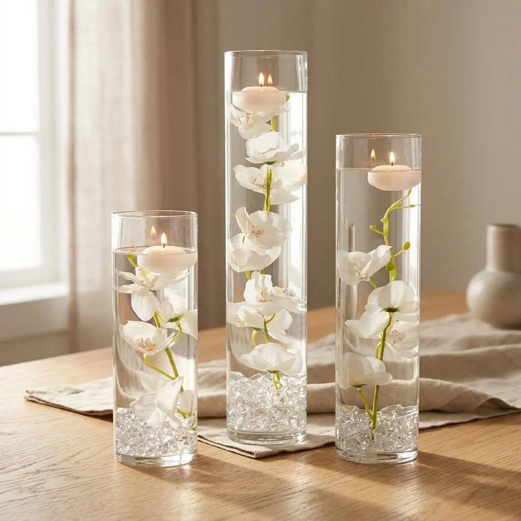 Submersible White/Purple/Pink/Blue/Yellow/White with purple Orchid Floral Wedding Centerpiece with Floating Candles and Acrylic Crystals Kit