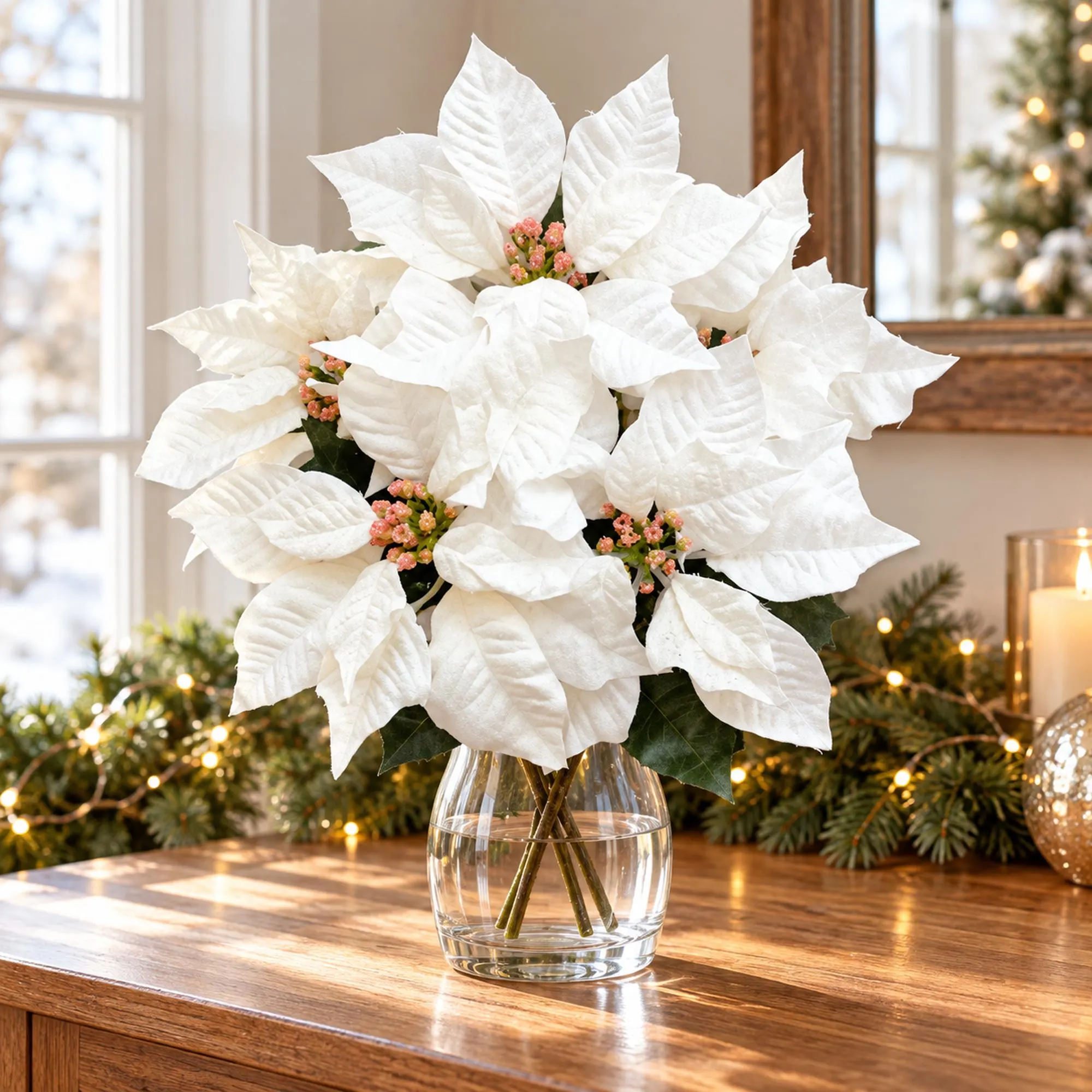 White Poinsettia Bush, 18 Inch Artificial Christmas Flower Arrangement Supply