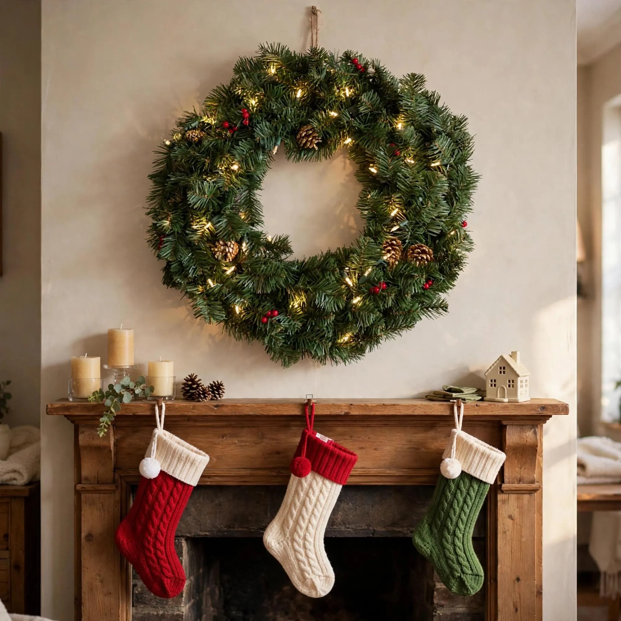 30 Inch Pre Lit Christmas Wreath with 100 Warm White LED Lights, Pinecones and Berries