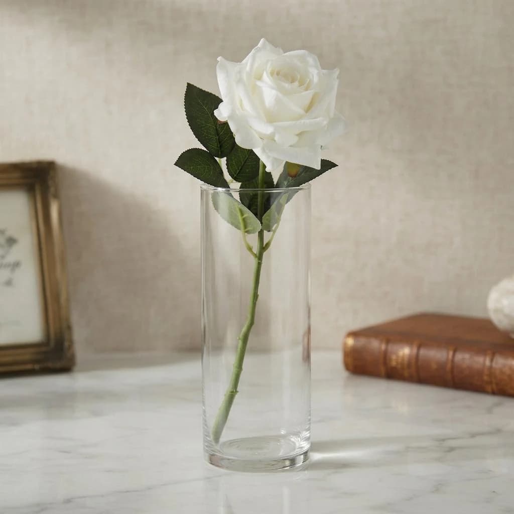 25" Real Touch White Rose Stem – Faux Single Long Stem White Rose, Lifelike Real Touch Velvet Bloom for Vases, Weddings and Home Decor