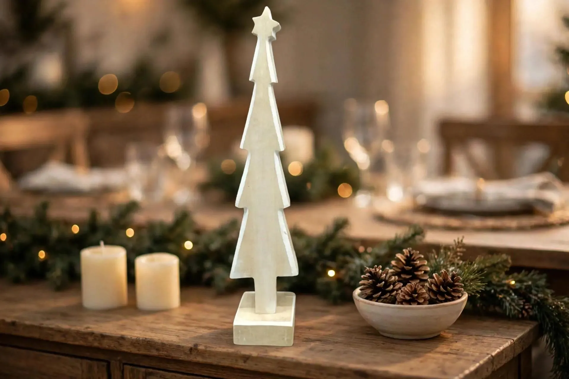 Wooden Tree on Base White Wash Large 15.7 Inch | Carved Wood Christmas Tree Tabletop Decor | Rustic Holiday Figurine