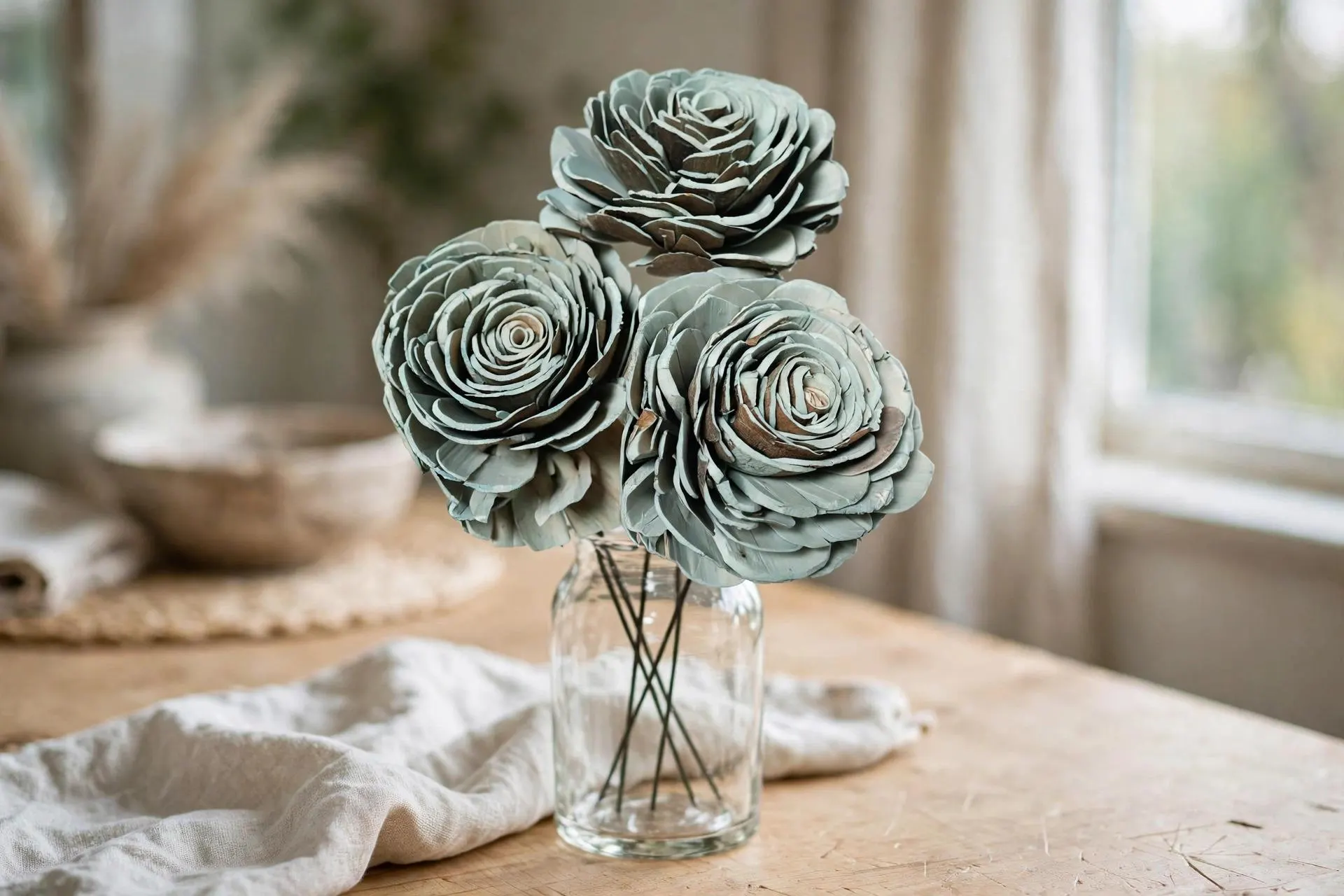 Sola Roses Large Mint Green 4 Inch | 3 Stems | Dried Wood Flowers for Bouquets