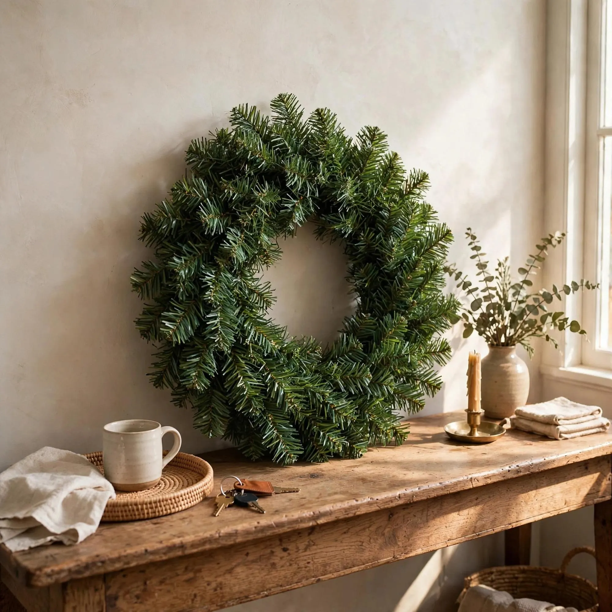 24 Inch Artificial Pine Christmas Wreath, 200 Tip Full Holiday Wreath for Front Door