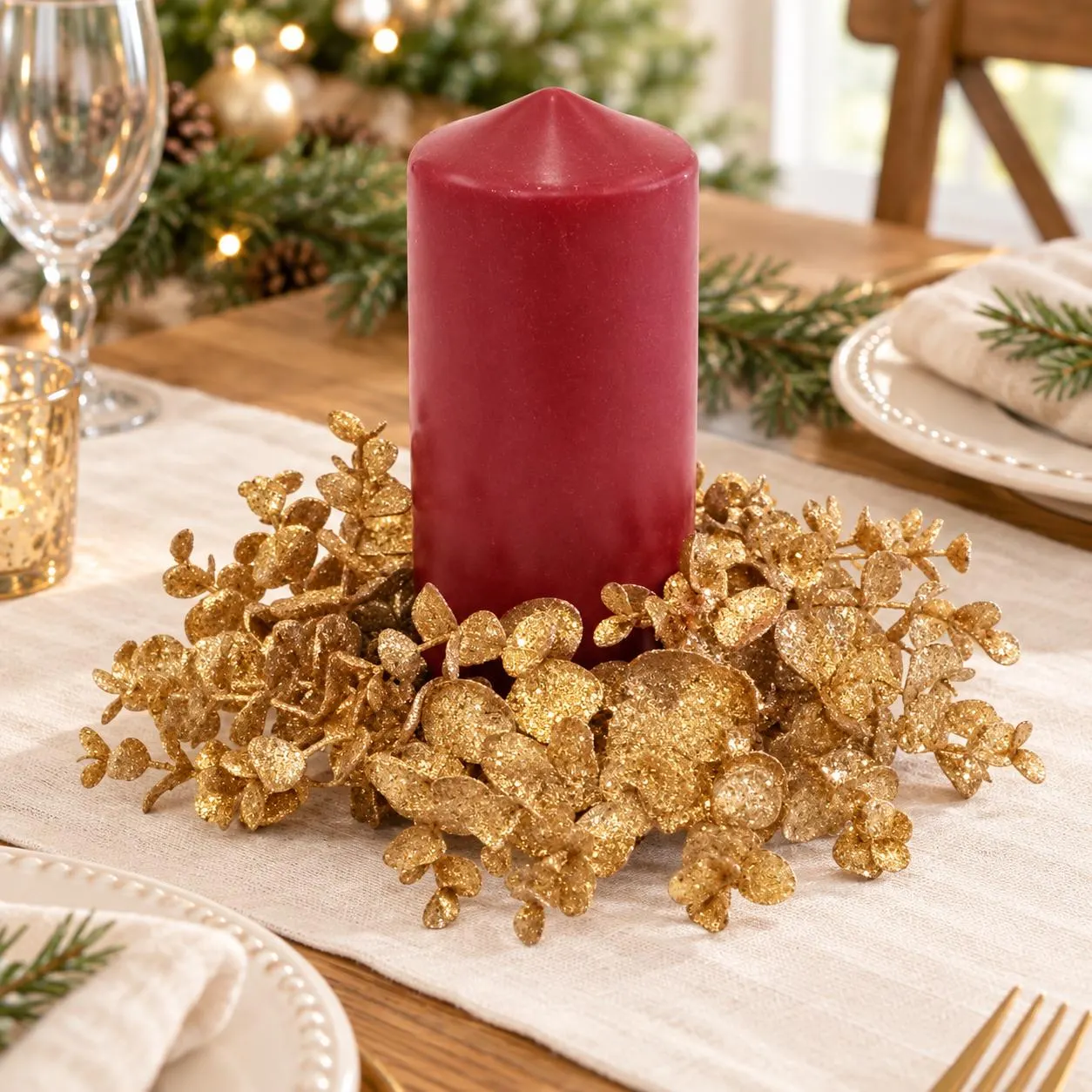 9-inch Gold Glitter Eucalyptus Candle Ring, Fits 3-inch Candle, Holiday Table Decor