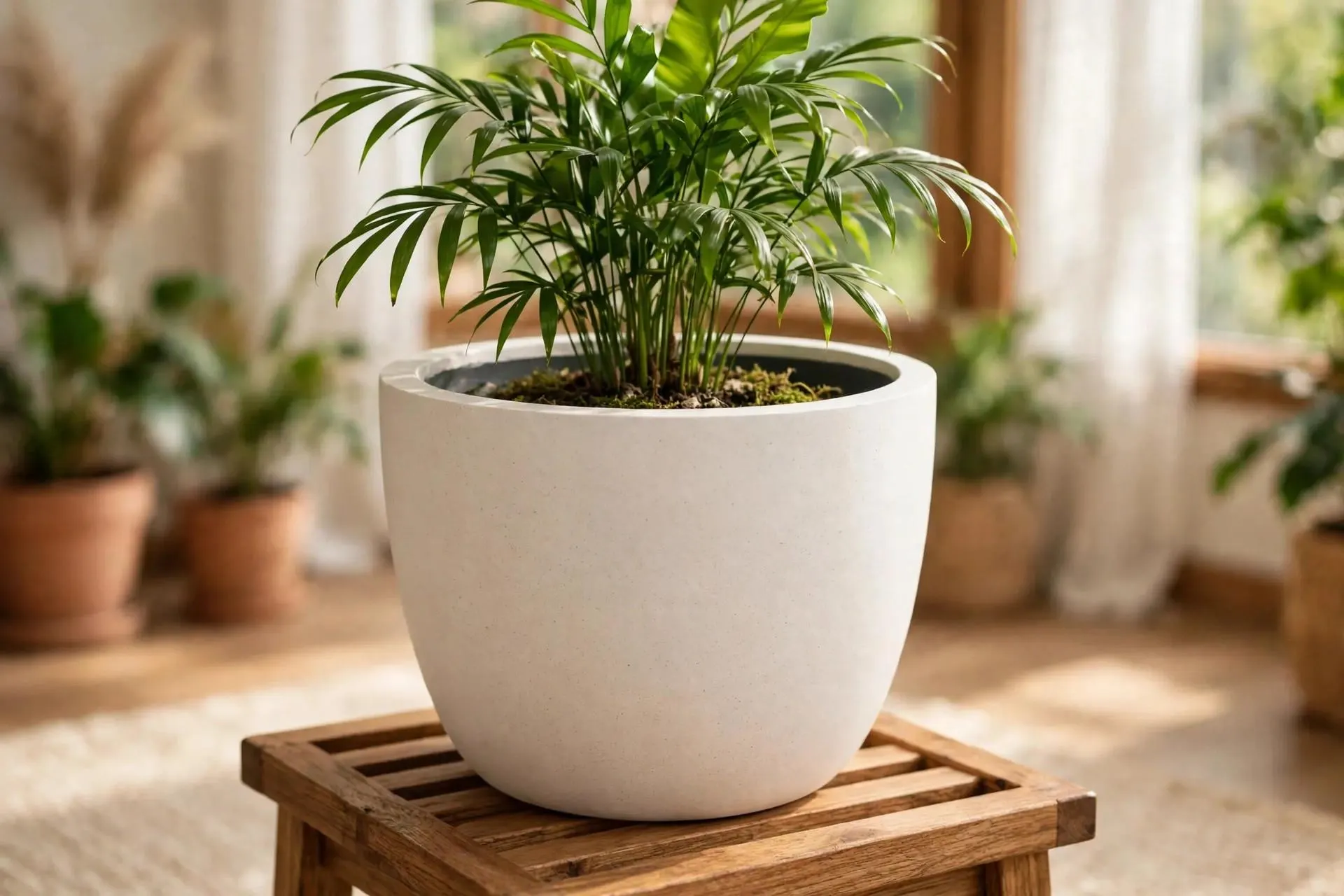 Round Ficonstone Pot White 14x10.6 Inch | Smooth Stone-Look Planter | Patio Garden Pot