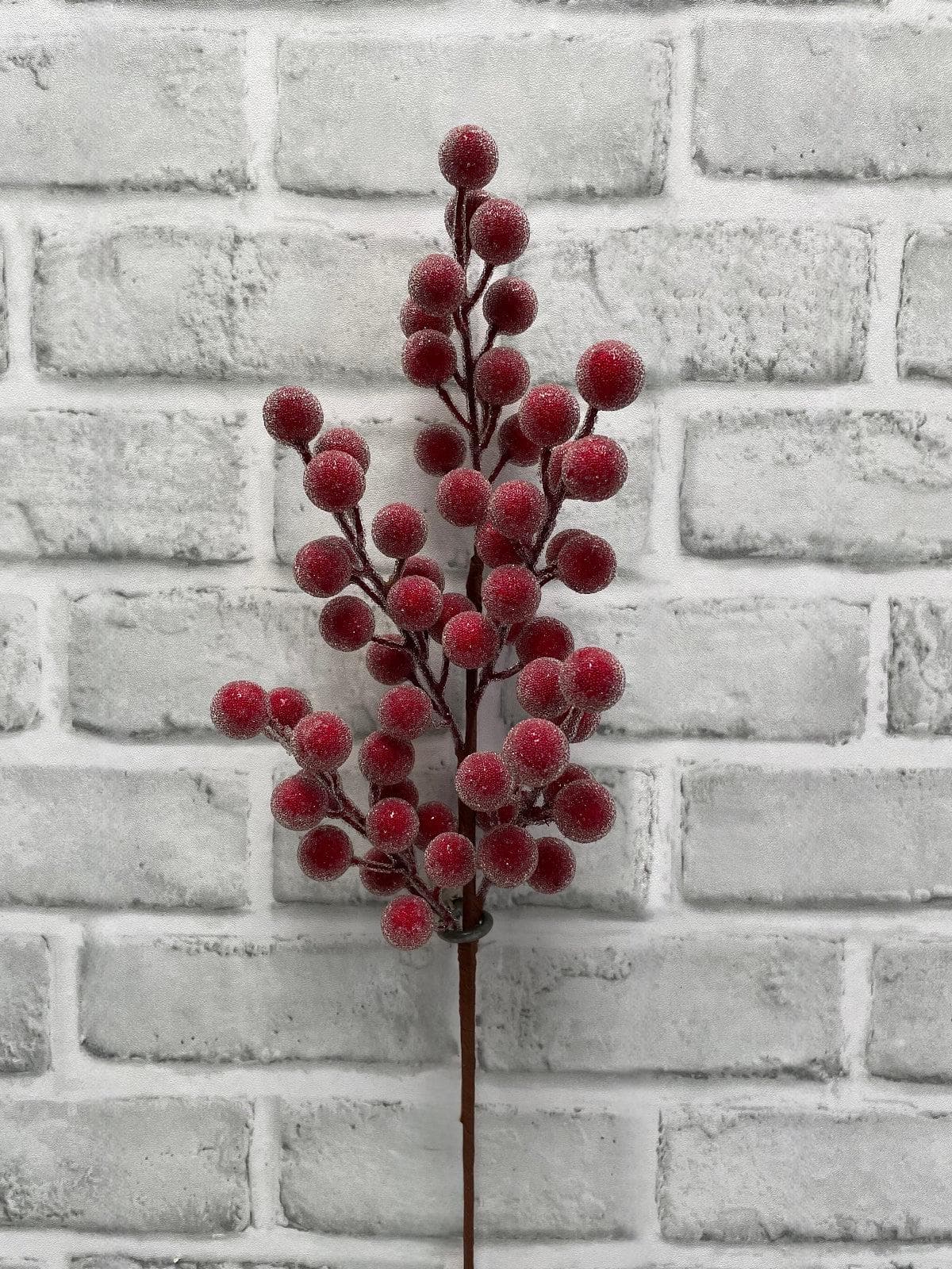 18" Red Sugared Berry Spray - Faux Frosted Winter Floral Pick, Classic Christmas Vase Filler, Rustic Holiday wreath Centerpiece Supply