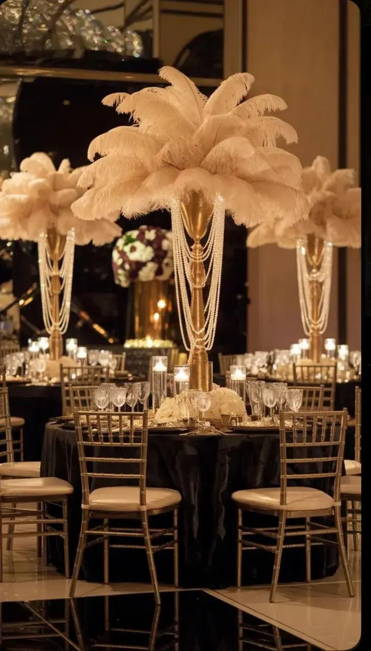 21" (55cm) Gold Trumpet White Ostrich Feather Centerpiece With Beads | Wedding Table Decor | Luxury Reception Centerpiece