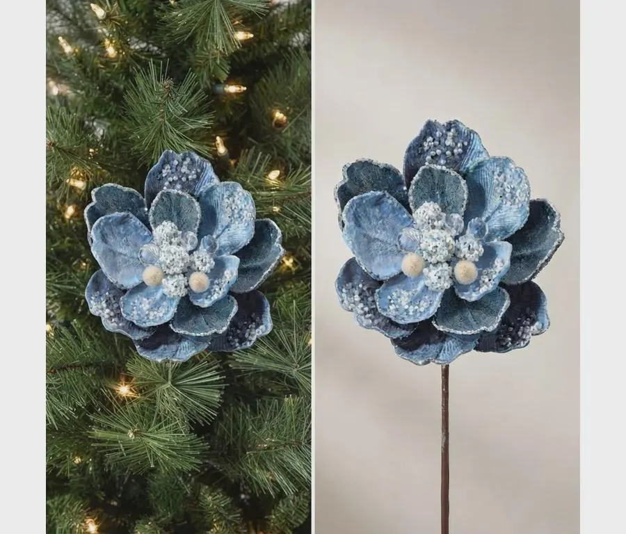 24" Iced Jewel Blue Magnolia Stem,Frosted Glitter Floral Spray for Christmas Tree Trim, Winter Wonderland Wreath Picks, Holiday Floral Decor