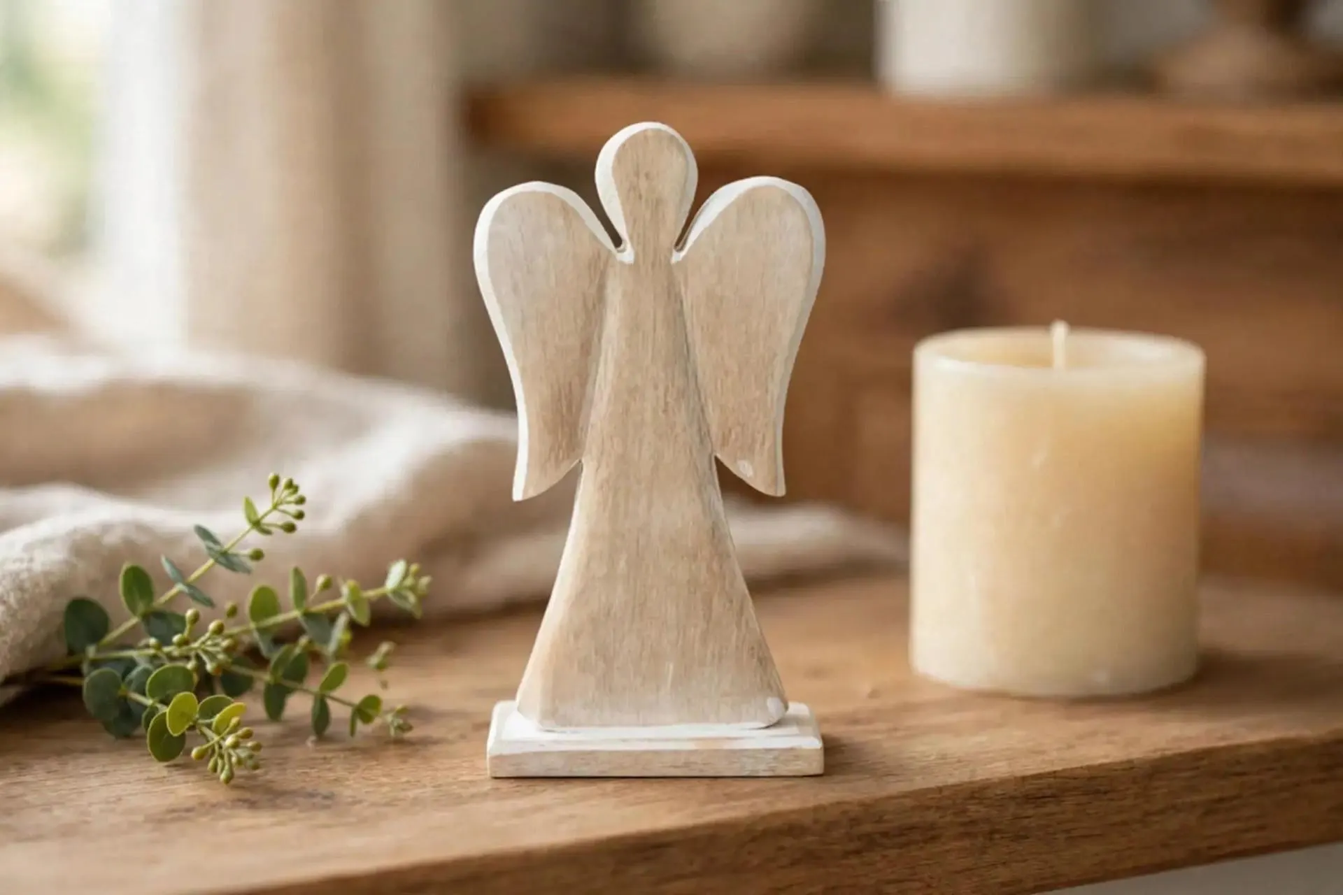 Wooden Angel on Base White Wash Small 9.8 Inch | Carved Wood Angel Tabletop Decor | Rustic Christmas Shelf Sitter
